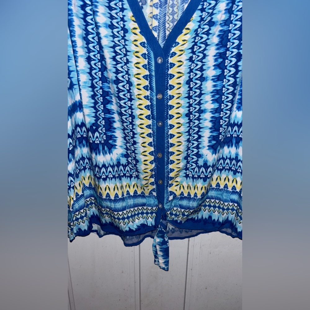 Ruby Rd. Boho Blue And Yellow Patterned Blouse Kn… - image 2
